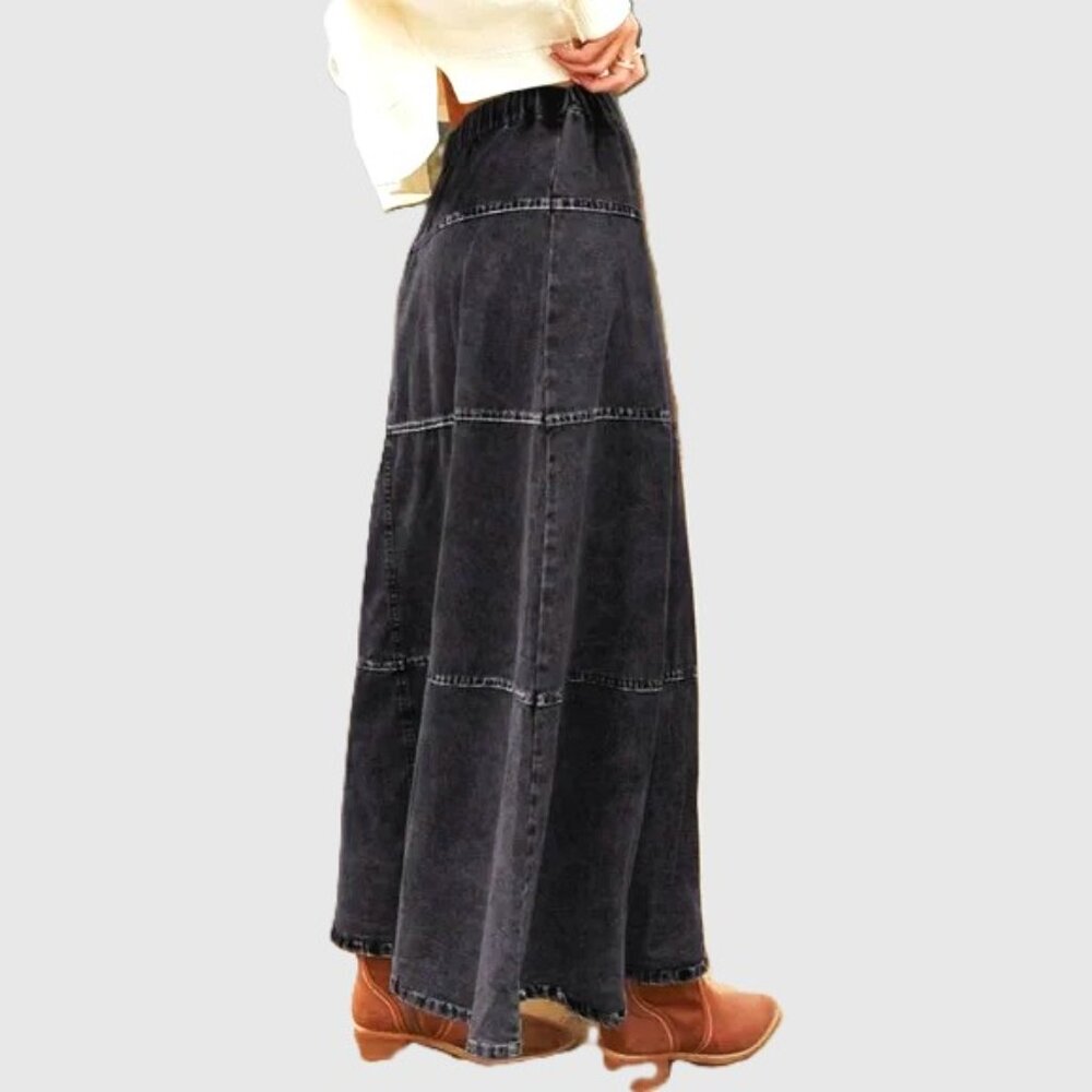 Denim Maxi Skirt Elastic High Waist Tiered A Line Long Jean Skirt Y2k Western - Picture 2 of 3